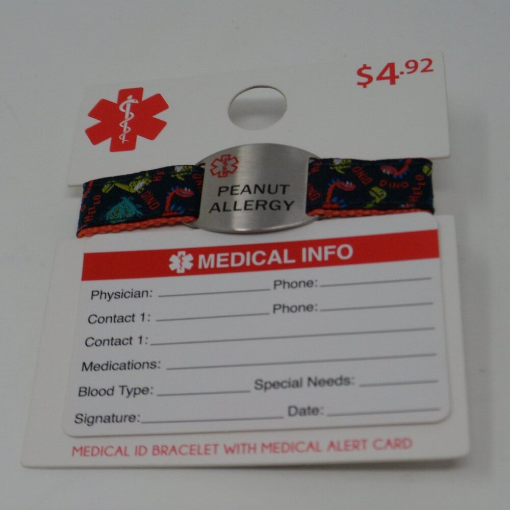 Kids Peanut Allergy Dinosaur Adjustable Bracelet W/Medical Info Card